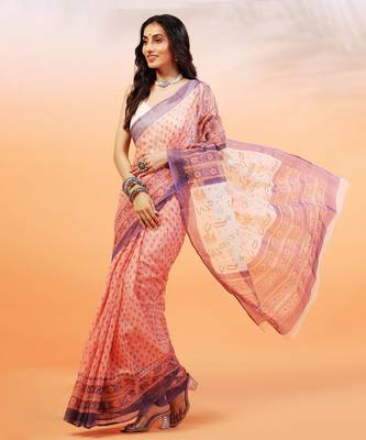 Pink And Purple handloom kota doria with hand block prints 1