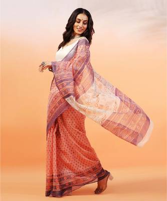 Pink And Purple handloom kota doria with hand block prints 2