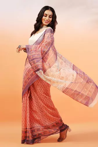 Pink And Purple handloom kota doria with hand block prints