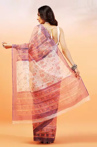 Pink And Purple handloom kota doria with hand block prints