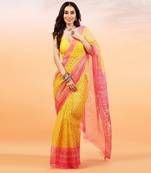 Yellow handloom kota doria with hand block prints