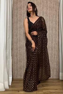 Chocolate Black colored Sequins Embroidered Georgette Fabric Party wear Saree 5