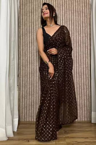 Chocolate Black colored Sequins Embroidered Georgette Fabric Party wear Saree