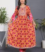 Orange embroidered women rayon printed aline kurta pant with dupatta set