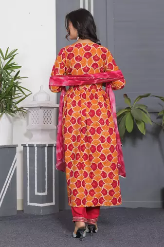Orange embroidered women rayon printed aline kurta pant with dupatta set