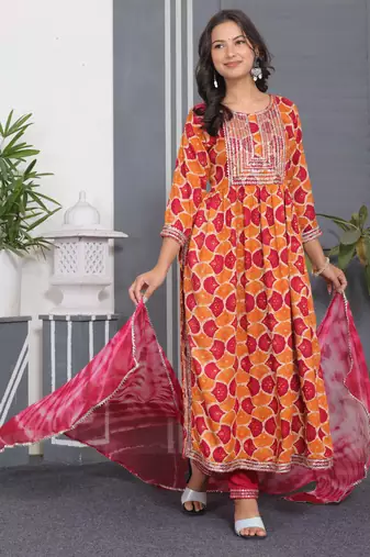 Orange embroidered women rayon printed aline kurta pant with dupatta set