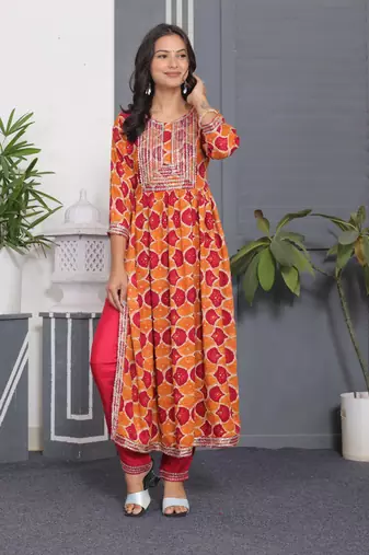 Orange embroidered women rayon printed aline kurta pant with dupatta set