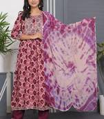 Wine embroidered women rayon printed aline kurta pant with dupatta set