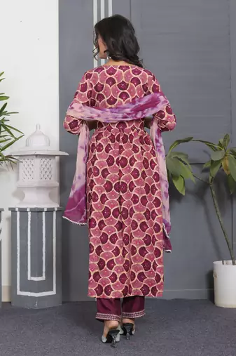 Wine embroidered women rayon printed aline kurta pant with dupatta set