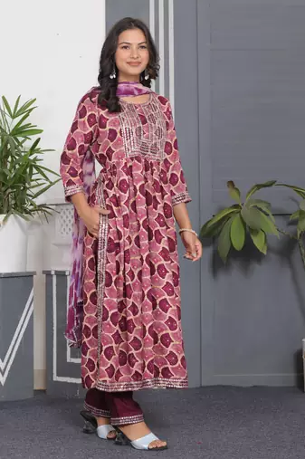 Wine embroidered women rayon printed aline kurta pant with dupatta set