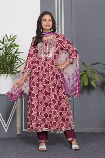Wine embroidered women rayon printed aline kurta pant with dupatta set