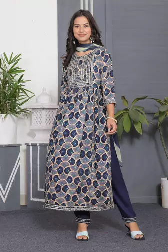 Navy blue embroidered women rayon printed aline kurta pant with dupatta set