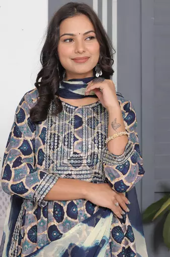 Navy blue embroidered women rayon printed aline kurta pant with dupatta set
