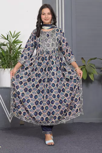 Navy blue embroidered women rayon printed aline kurta pant with dupatta set