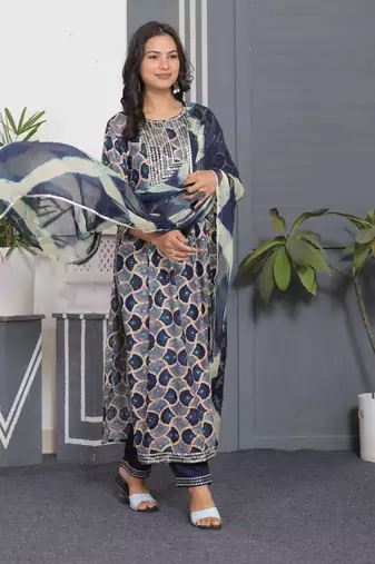 Navy blue embroidered women rayon printed aline kurta pant with dupatta set