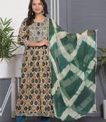 Green embroidered women rayon printed aline kurta pant with dupatta set