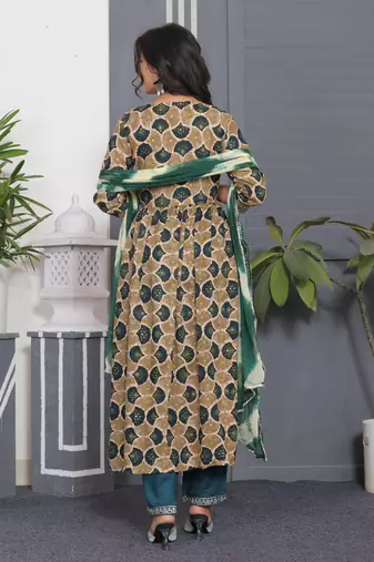 Green embroidered women rayon printed aline kurta pant with dupatta set