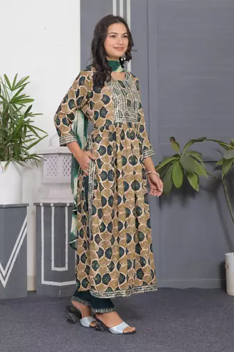 Green embroidered women rayon printed aline kurta pant with dupatta set