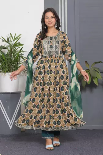 Green embroidered women rayon printed aline kurta pant with dupatta set