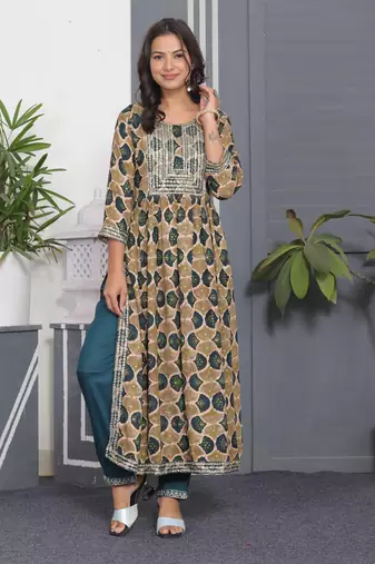 Green embroidered women rayon printed aline kurta pant with dupatta set