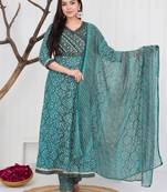 Sea green embroidered women rayon printed anarkali kurta pant with dupatta set