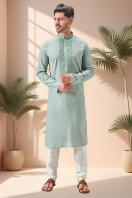 Green linen embroidery kurta pajama set 5