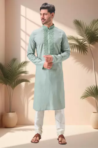 Green linen embroidery kurta pajama set