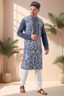 Blue art silk embroidery thread work kurta pajama set 5