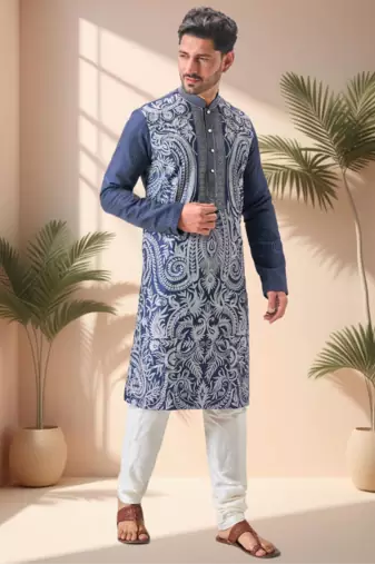 Blue art silk embroidery thread work kurta pajama set