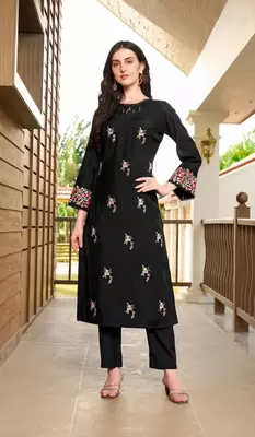Black hand embroidery art silk straight cut kurta & 1