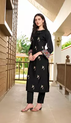 Black hand embroidery art silk straight cut kurta & pants set 3
