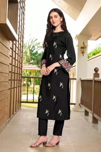 Black hand embroidery art silk straight cut kurta & pants set