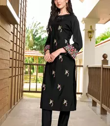 Black hand embroidery art silk straight cut kurta & pants set