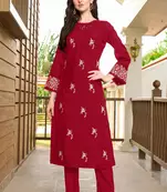 Maroon hand embroidery art silk straight cut kurta &