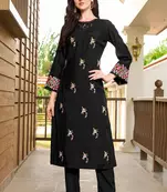 Black hand embroidery art silk straight cut kurta & pants set