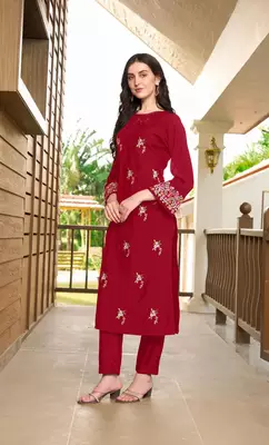 Maroon hand embroidery art silk straight cut kurta & 3
