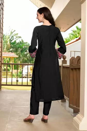 Black hand embroidery art silk straight cut kurta & pants set