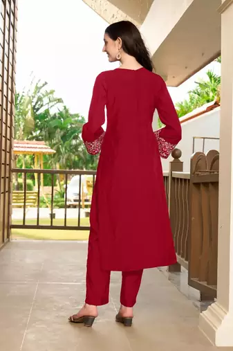 Maroon hand embroidery art silk straight cut kurta &