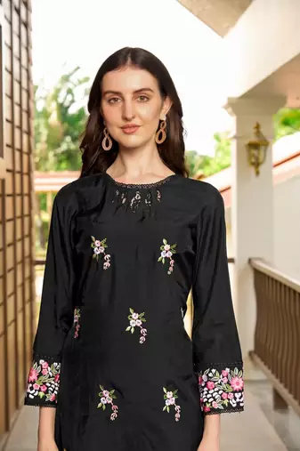 Black hand embroidery art silk straight cut kurta & pants set