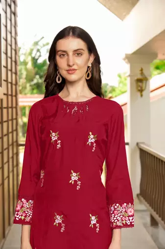 Maroon hand embroidery art silk straight cut kurta &