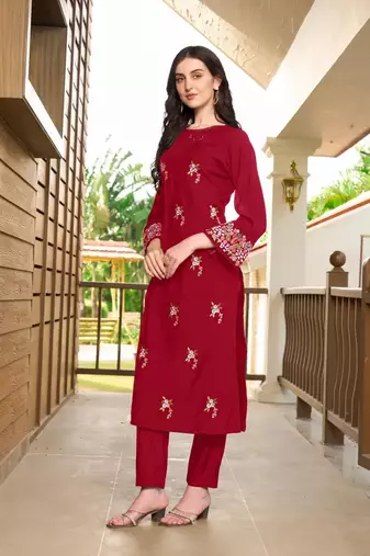 Maroon hand embroidery art silk straight cut kurta & pants set