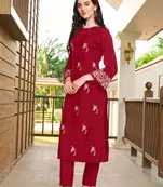 Maroon hand embroidery art silk straight cut kurta & pants set