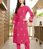 Pink hand embroidery art silk straight cut kurta &