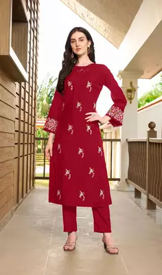 Maroon hand embroidery art silk straight cut kurta & pants set 3