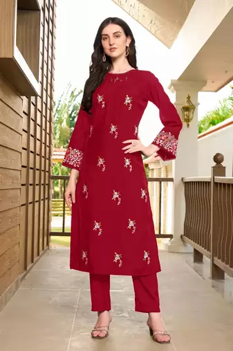 Maroon hand embroidery art silk straight cut kurta & pants set