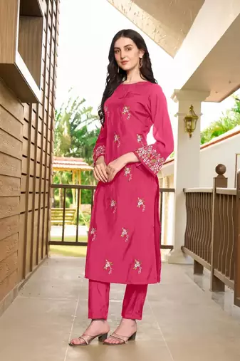 Pink hand embroidery art silk straight cut kurta &