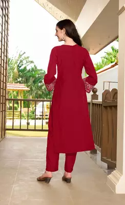 Maroon hand embroidery art silk straight cut kurta & pants set 4
