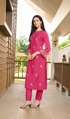 Pink hand embroidery art silk straight cut kurta & pants set 1