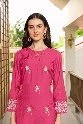 Pink hand embroidery art silk straight cut kurta & 5