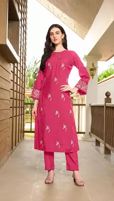 Pink hand embroidery art silk straight cut kurta & pants set 3